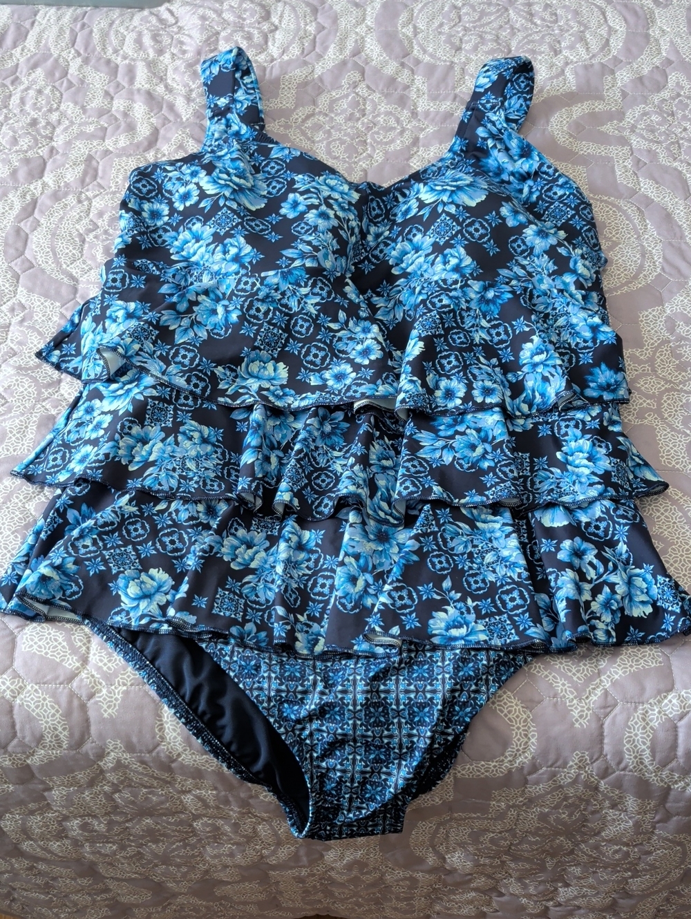Land's End Women's Blue Floral Tiered One-Piece Swimsuit